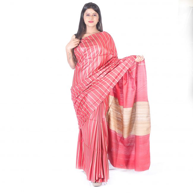 Handwoven Maroon Stripes Ghicha Cotton Saree