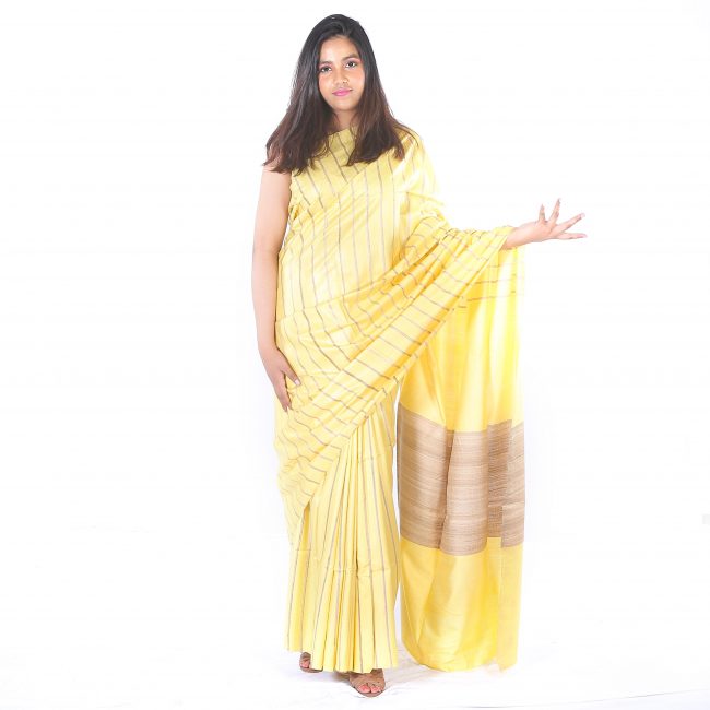 Handwoven Yellow Stripes Ghicha Cotton Saree