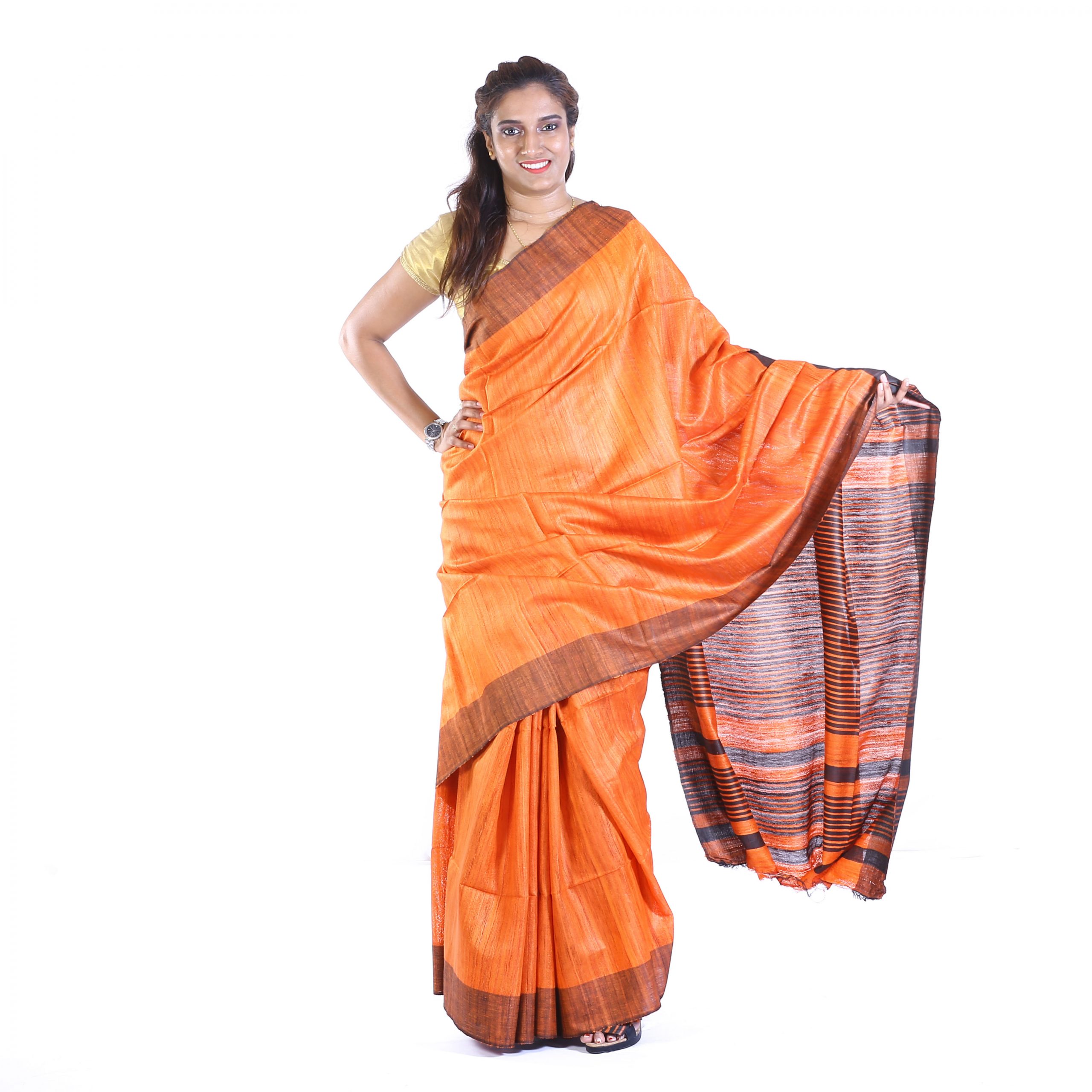 Handmade Cotton Orange Plain Saree