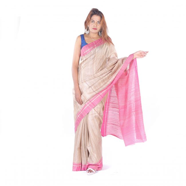 Handwoven White Plain Tussar Saree