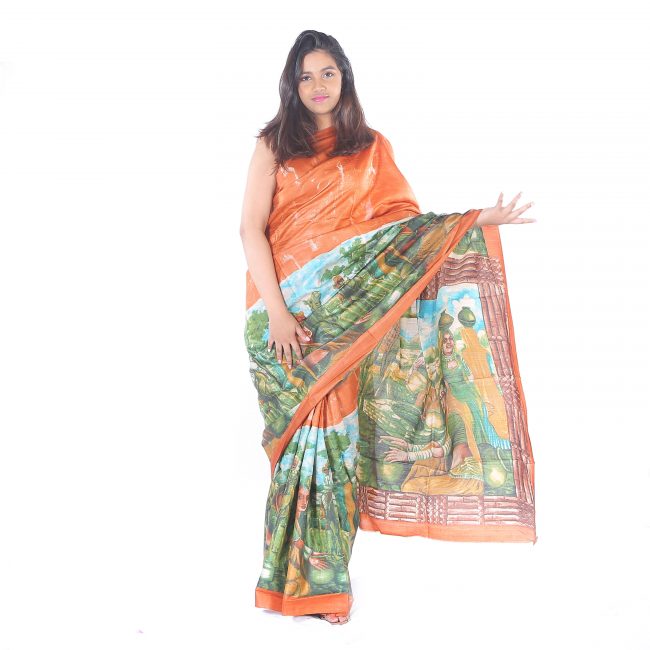 Handwoven Multicolor Printed Tussar Ghicha Saree
