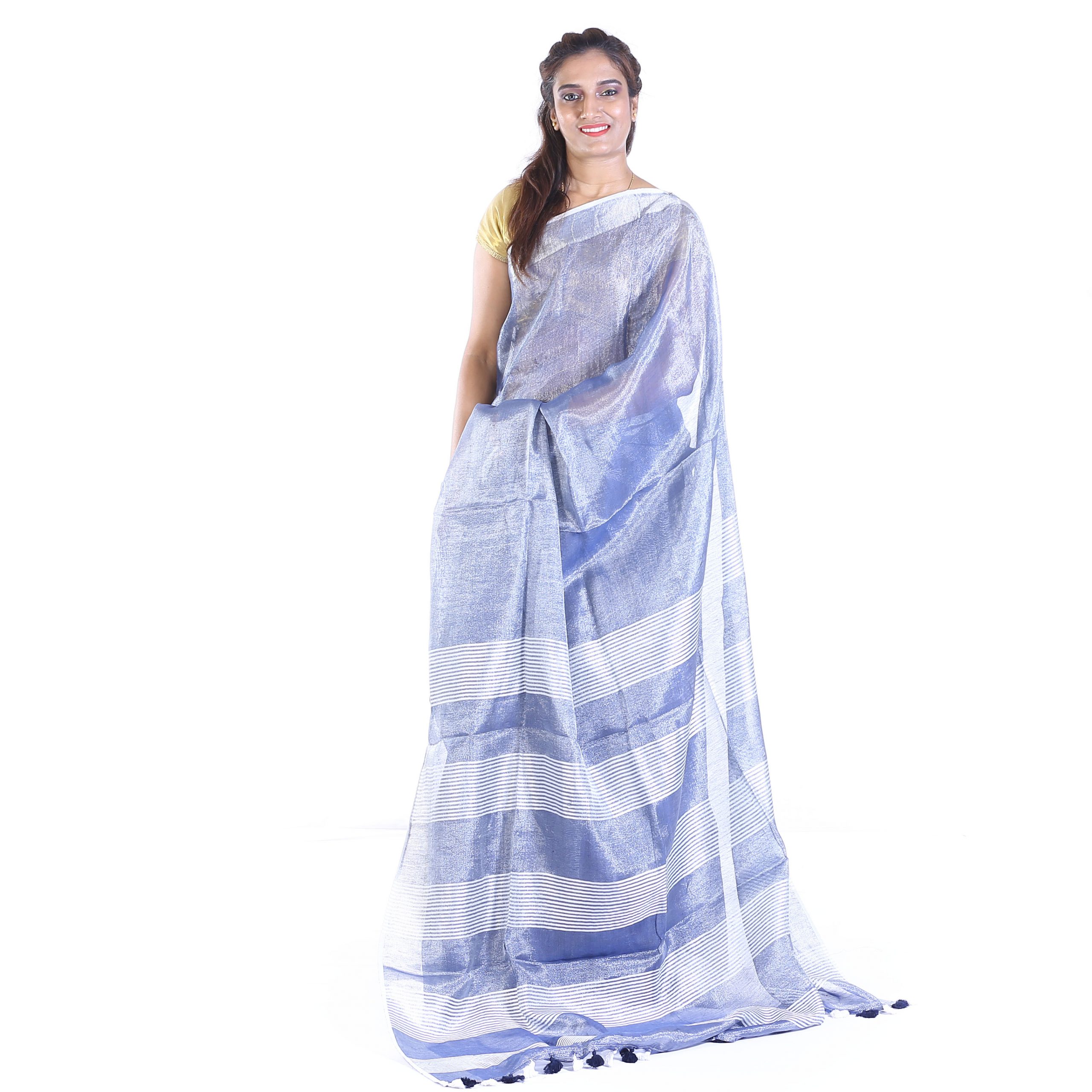Handmade Linen Blue Plain Saree