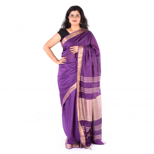Handmade Katan Purple Plain Saree