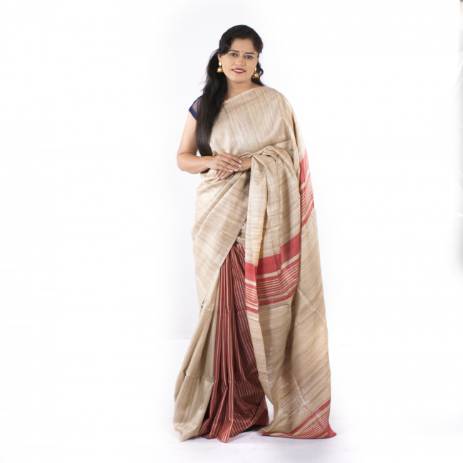 Handmade Tassar White Plain Saree