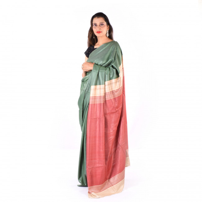 Handmade Tassar Green Plain Saree
