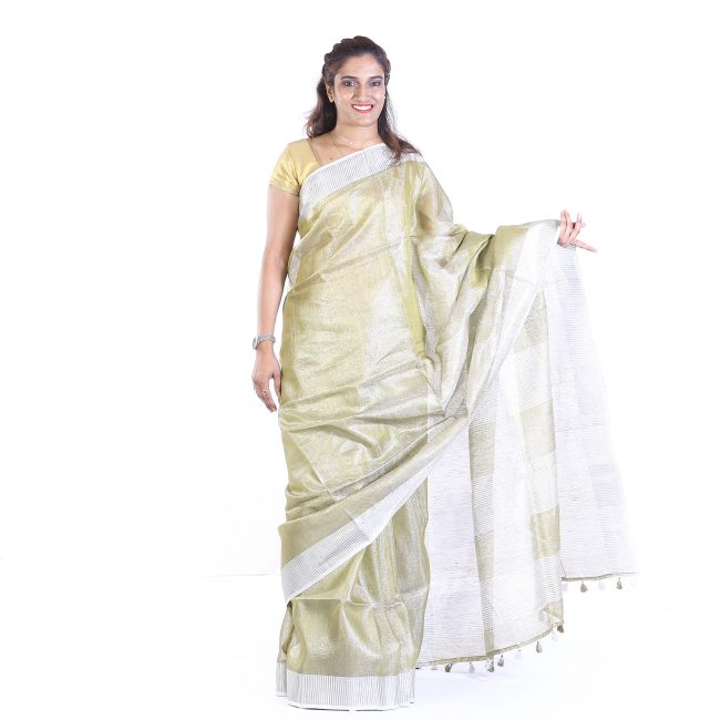 Handmade Linen Green Plain Saree