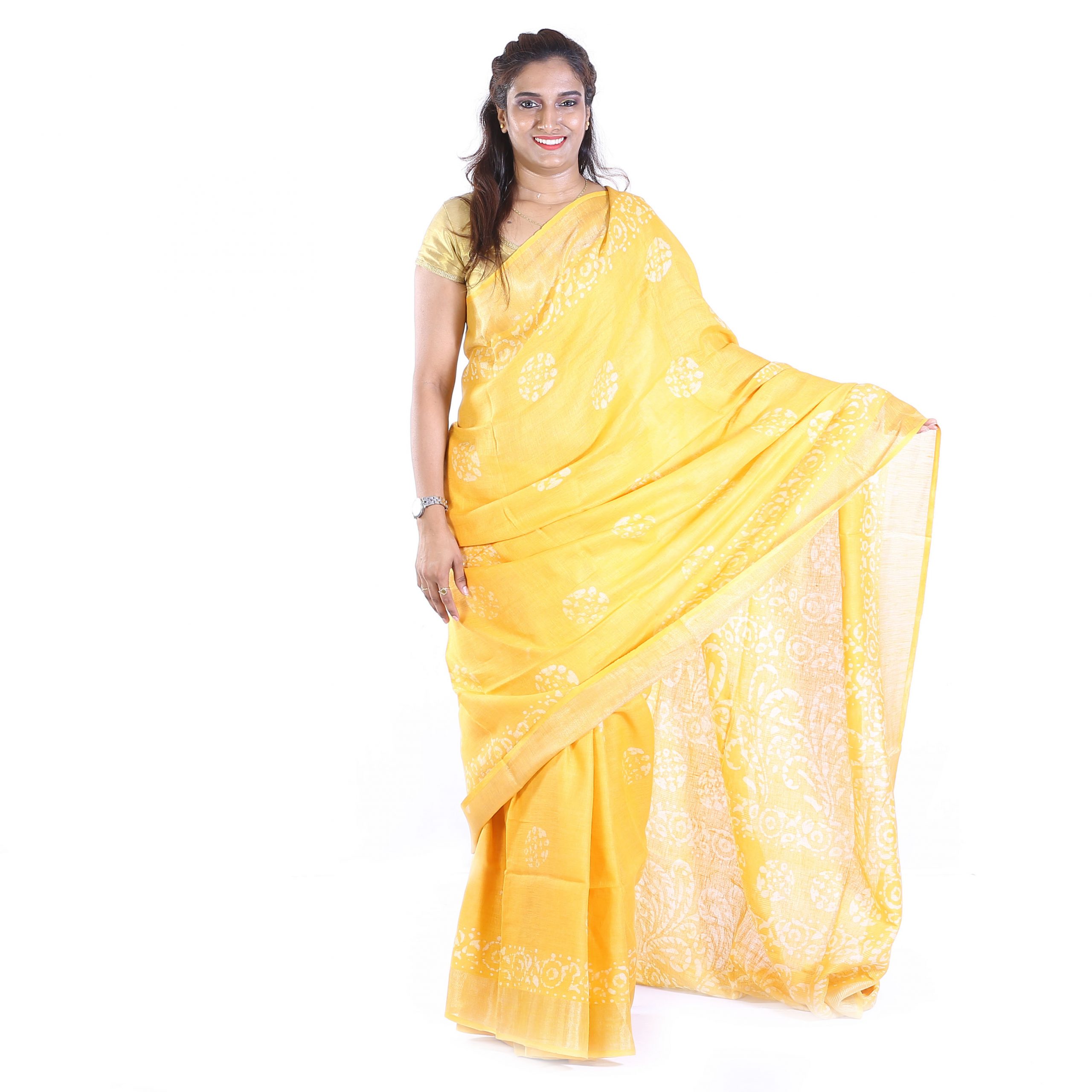Handmade Linen Yellow Printed Saree