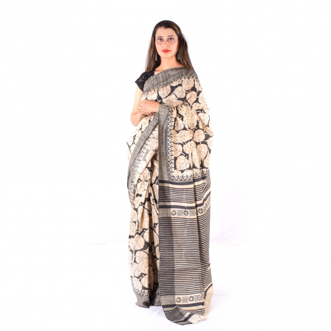 Handmade Tassar  White  Printed Saree