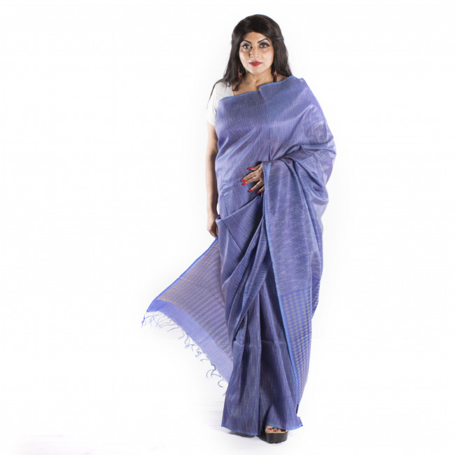 Handmade Tassar Blue Stripes Saree