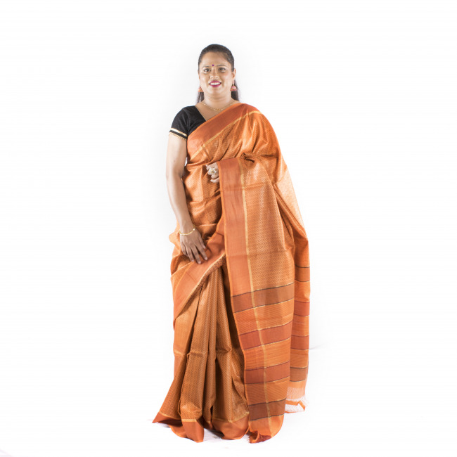 Handmade Tassar Orange Printed Saree