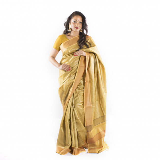Handmade Tassar Yellow Printed Saree