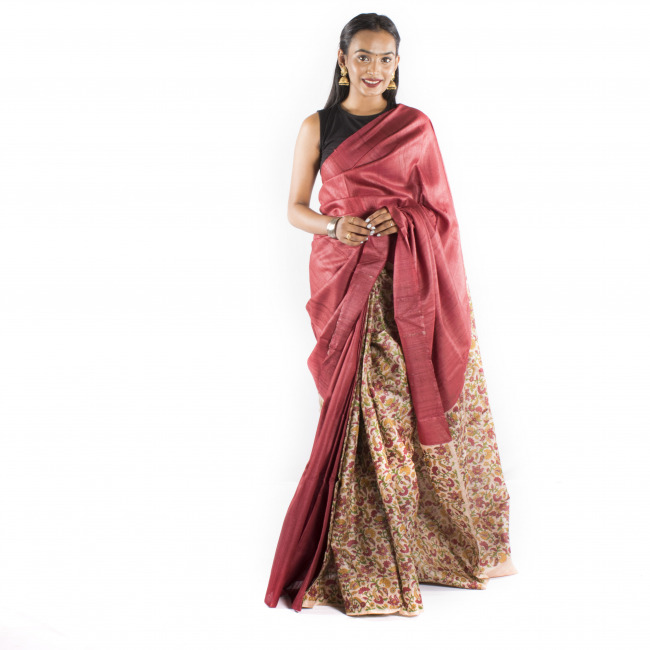 Handmade Tassar Multicolor Printed Saree