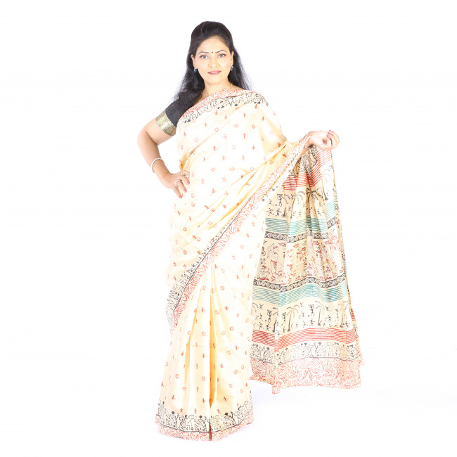 Handmade Tassar Multicolor Printed Saree