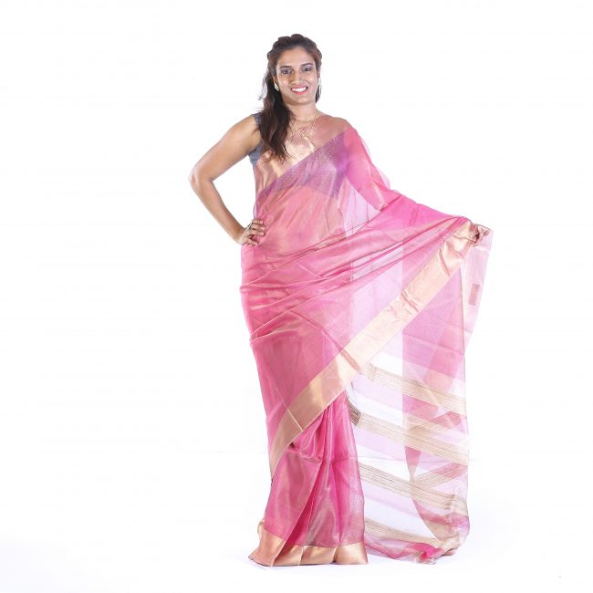Handmade Tassar Pink Plain Saree