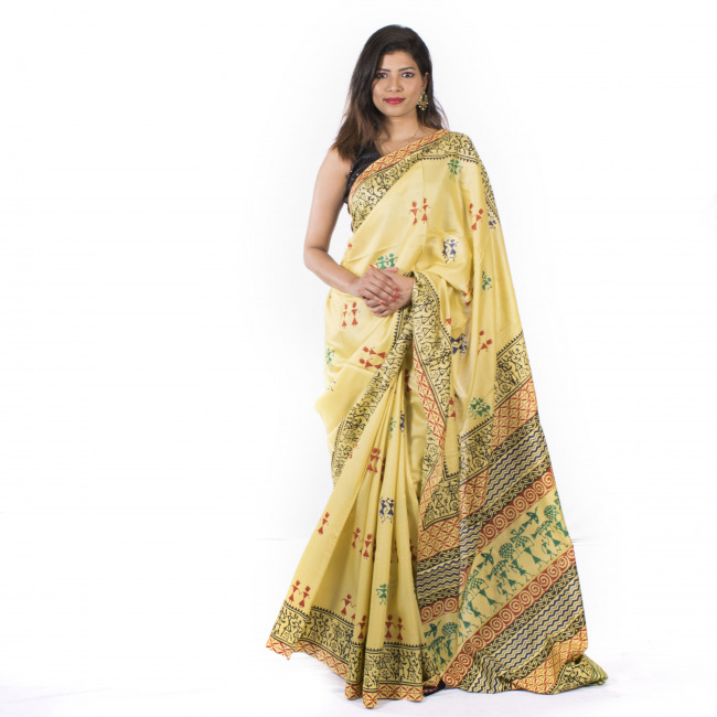 Handmade Tassar Multicolor Plain Saree