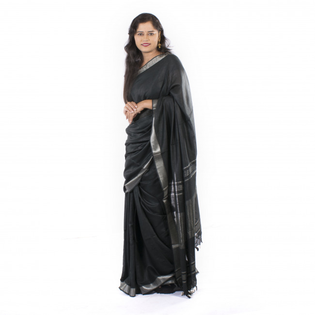 Handmade Linen Black Plain Saree
