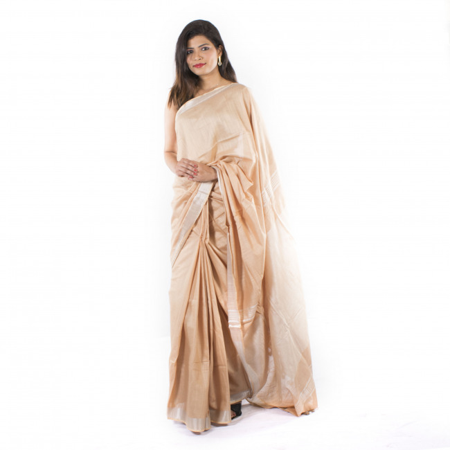Handmade Linen White Plain Saree