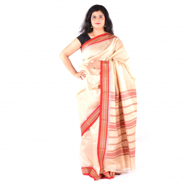 Handmade Tassar White Plain Saree