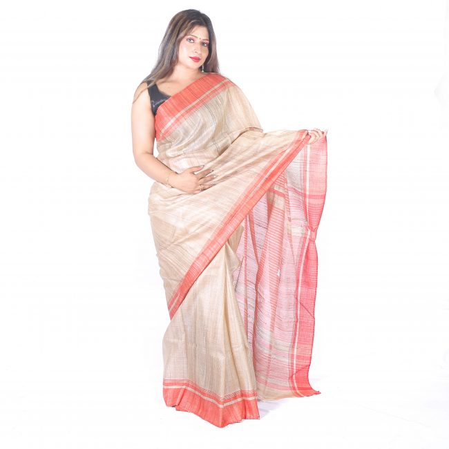Handwoven White Plain Tussar Saree