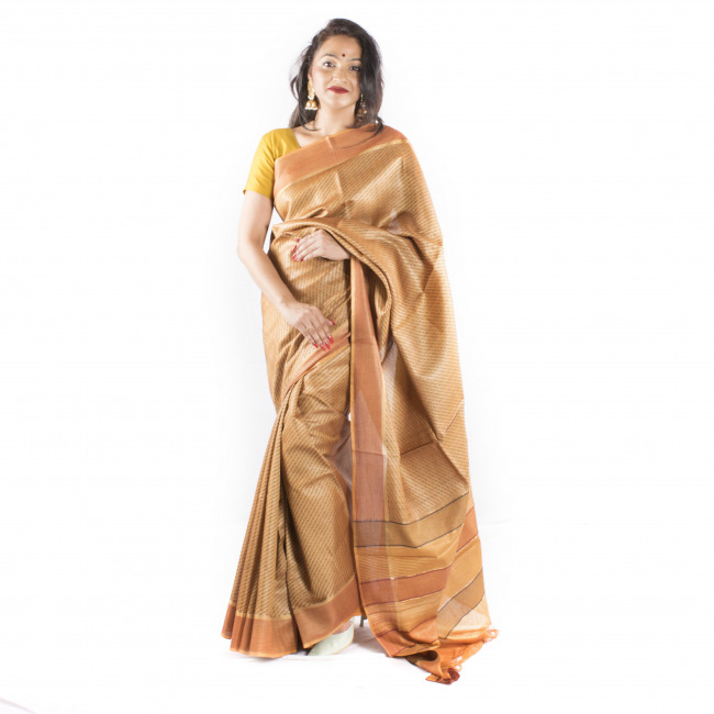 Handmade Tassar Golden Printed Saree