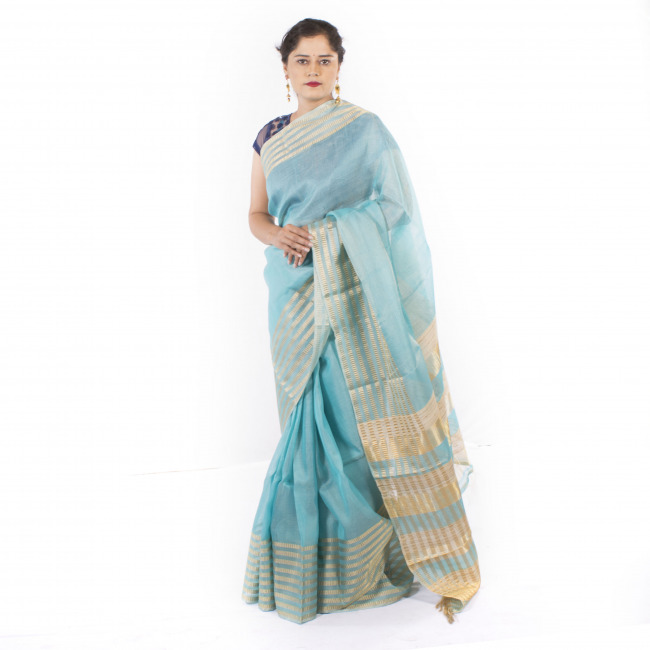 Handmade Tassar Blue Plain Saree
