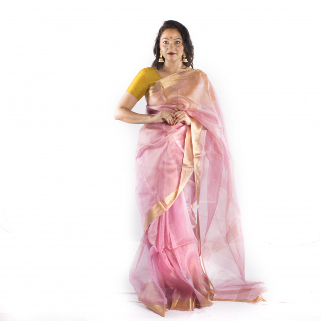 Handmade Tassar Pink Plain Saree