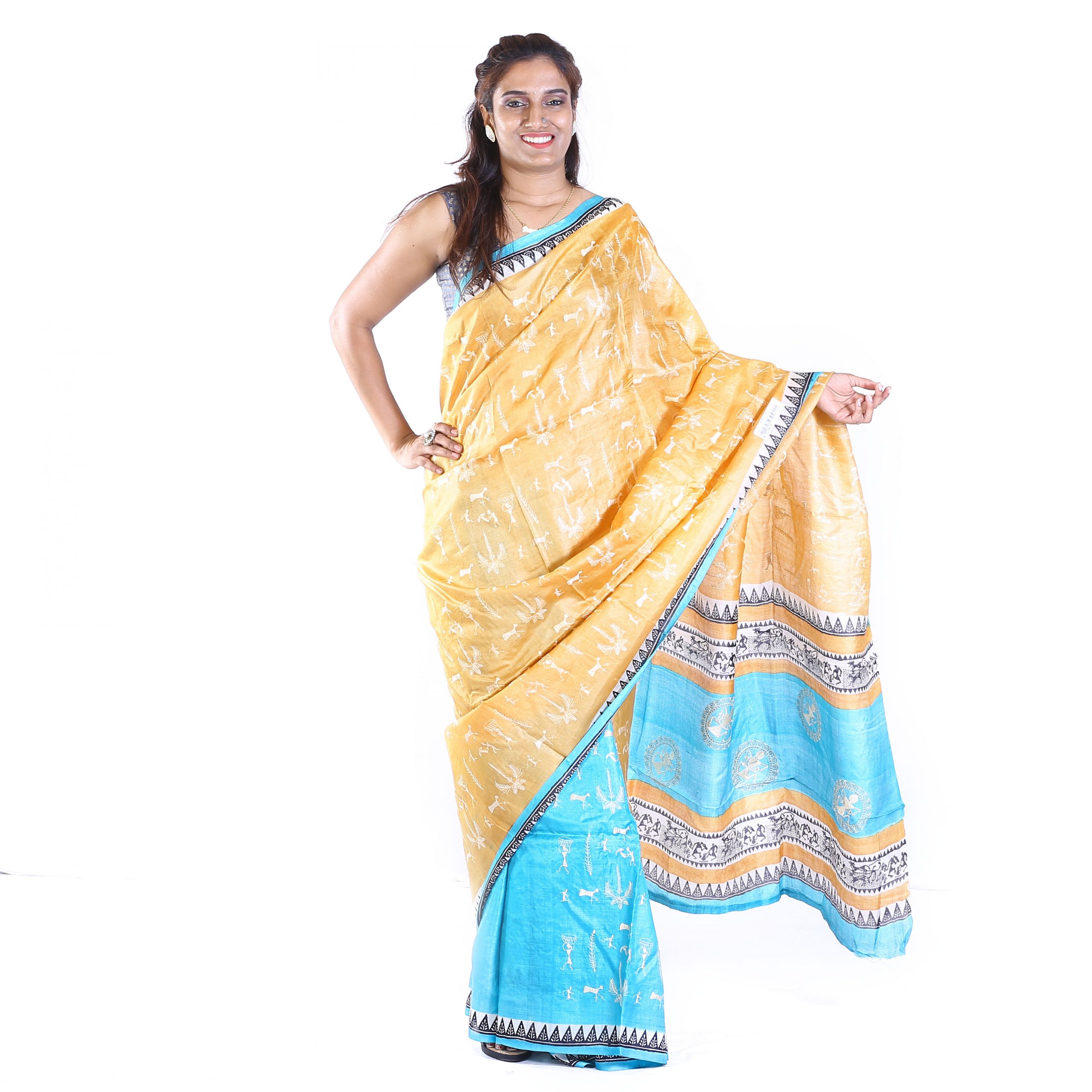 Handmade Tassar Yellow Warli Printed Saree