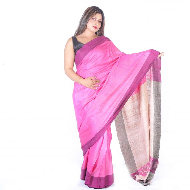 Handwoven Pink Plain Tussar Ghicha Saree