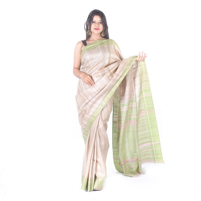 Handwoven White Plain Tussar Saree