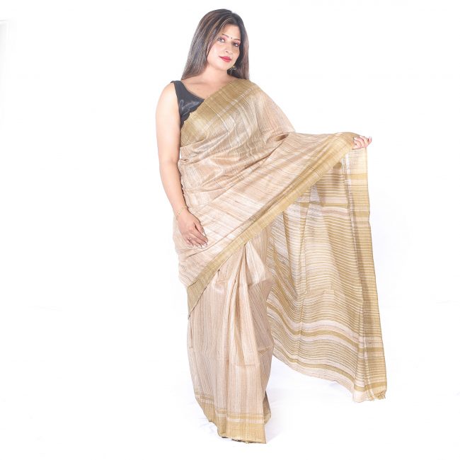Handwoven White Plain Tussar Saree