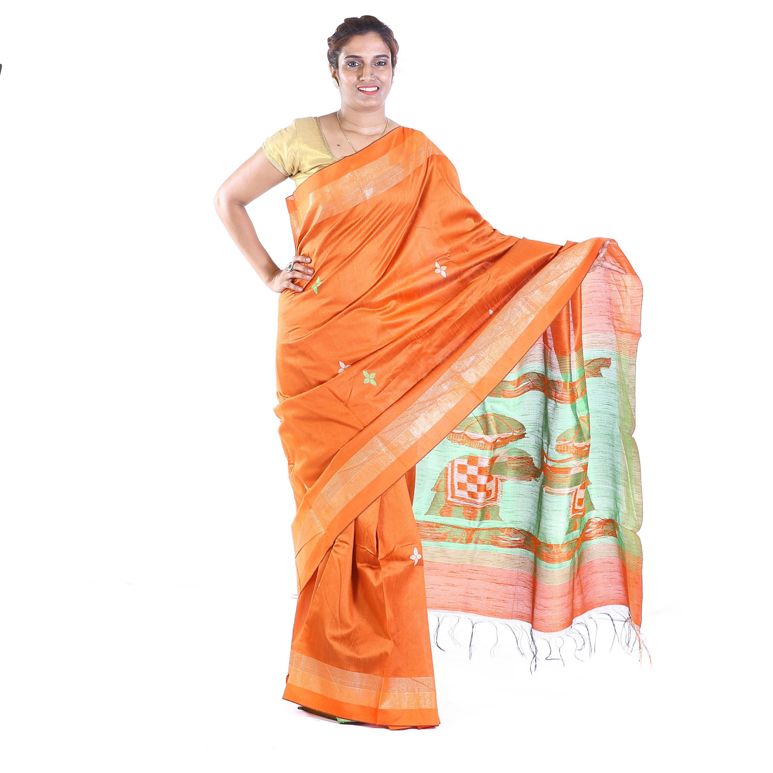 Handmade Tassar Ghicha Orange Printed Saree