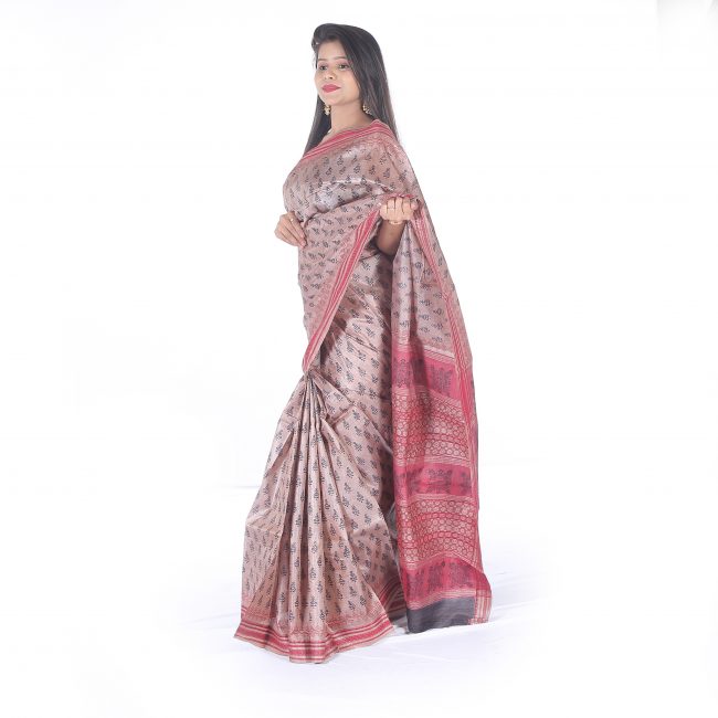 Handwoven Brown Printed Tussar Silk Saree