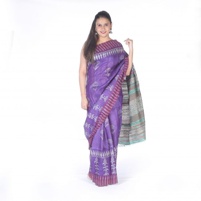Handwoven Purple Printed Tussar Silk Saree