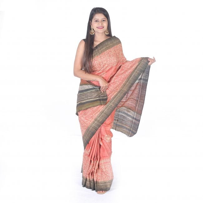 Handwoven Pink Printed Tussar Silk Saree