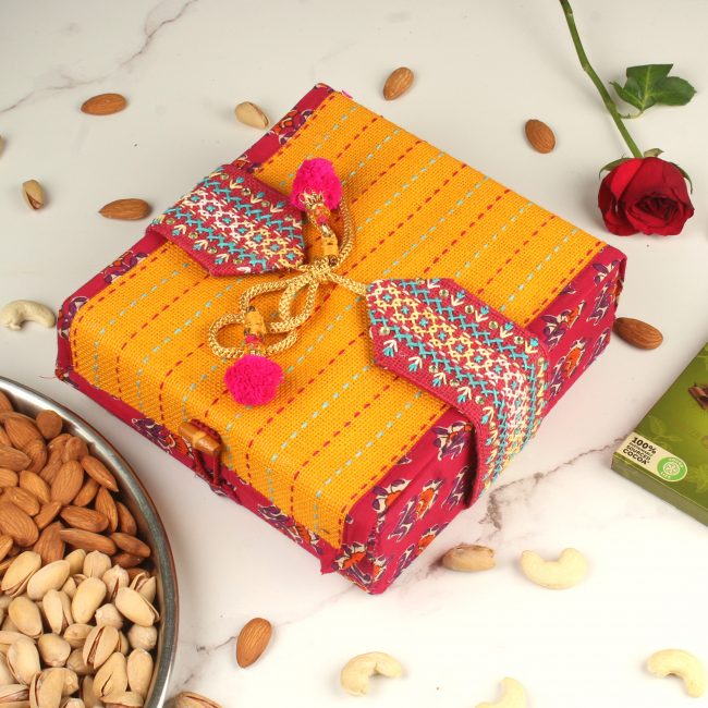 Handmade Yellow Jute 4 Compartment Gift Box
