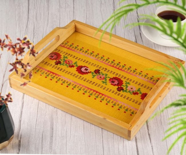 Handmade Yellow Jute Wooden Tray
