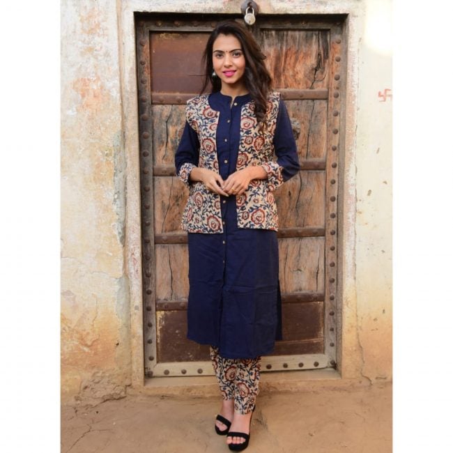 Bagru Handblock Print Cotton Kurta with Salwar & Jacket Set - Blue - XXL