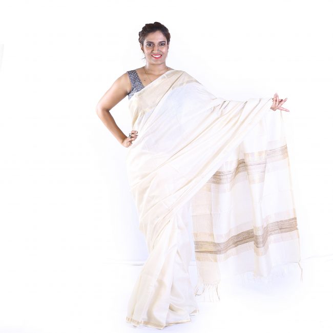 Handmade Tassar White Plain Saree