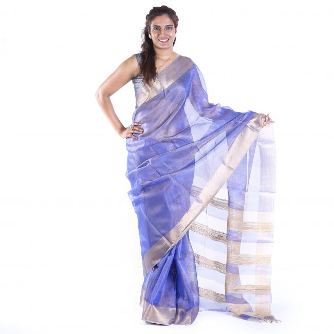 Handmade Tassar Blue Plain Saree