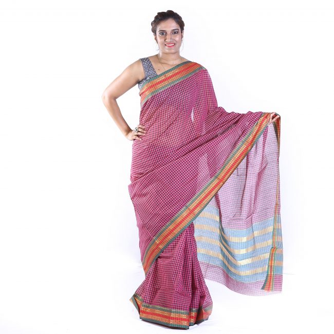 Handmade Cotton Pink Check Saree