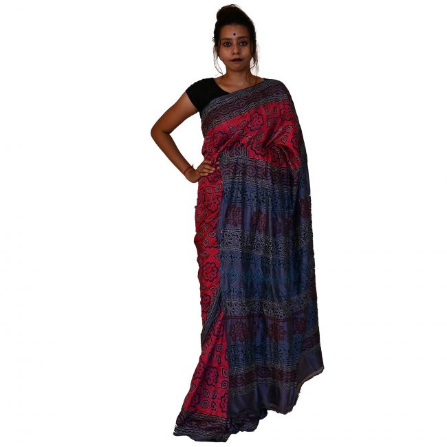 Handwoven Block Kantha Work Silk Saree