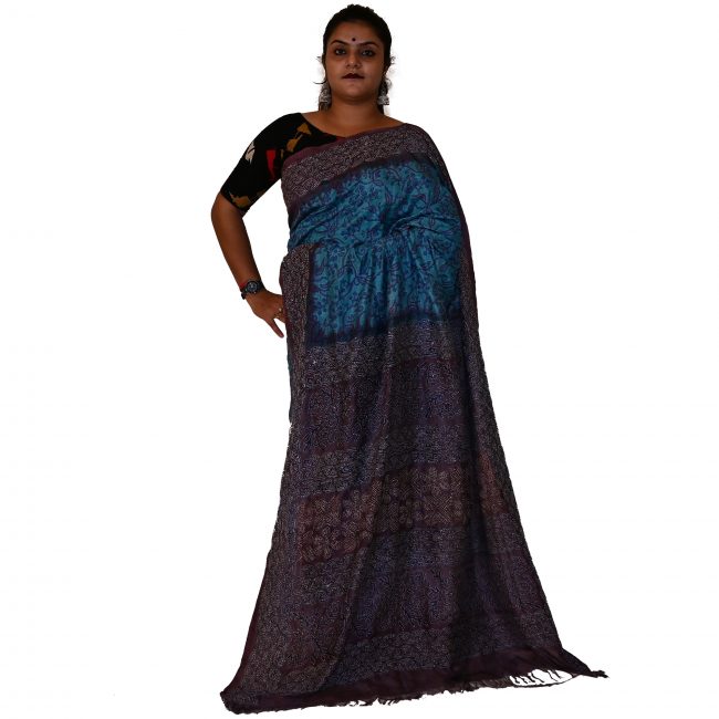 Handwoven Block Kantha Work Silk Saree
