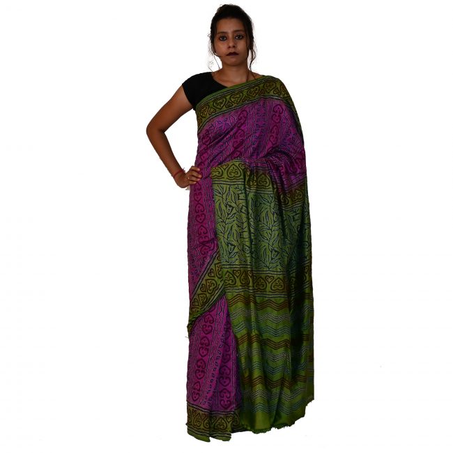 Handwoven Block Kantha Work Silk Saree