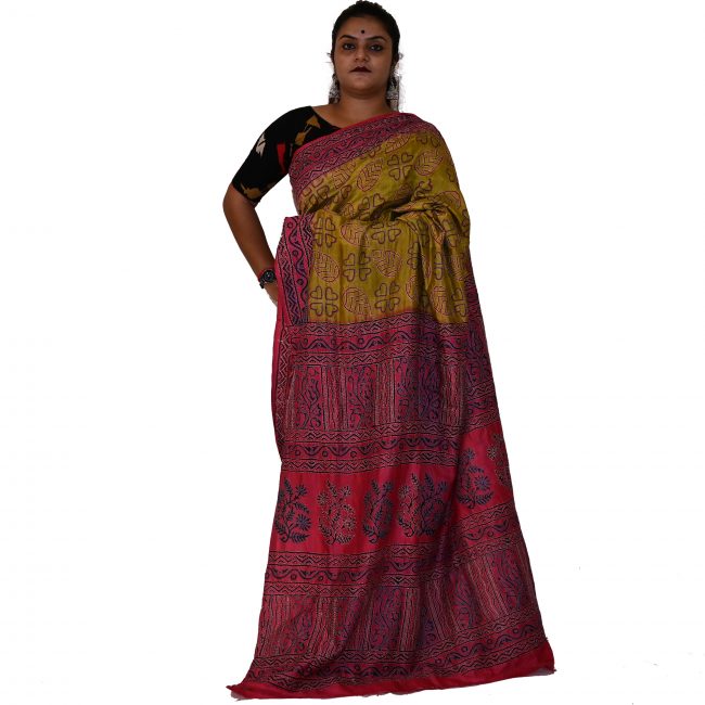 Handwoven Block Kantha Work Silk Saree