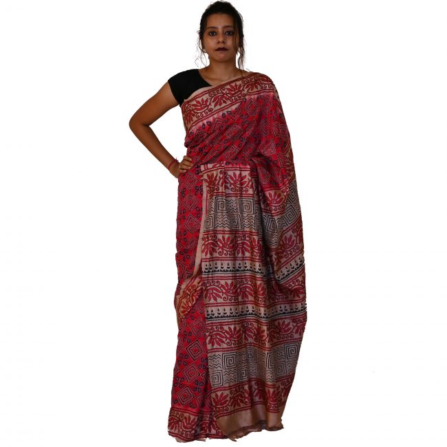 Handwoven Block Kantha Work Silk Saree