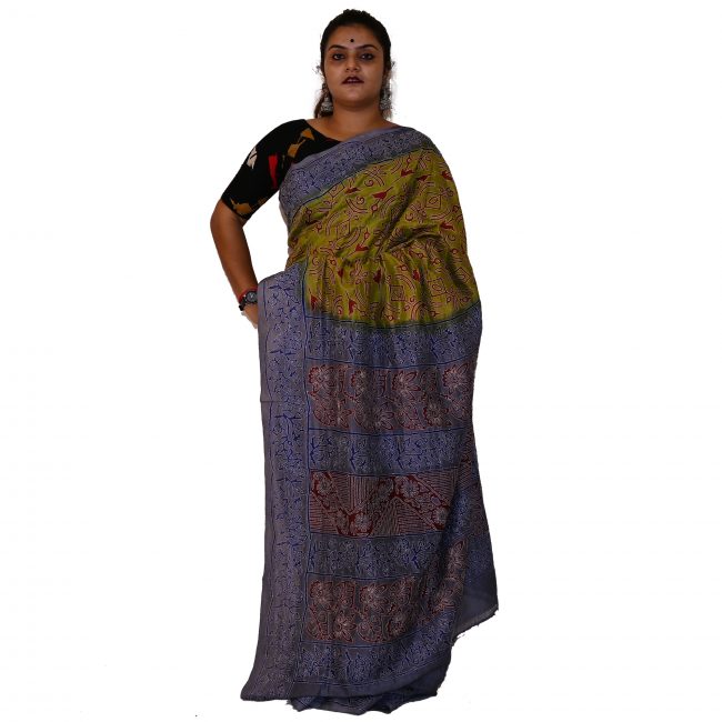 Handwoven Block Kantha Work Silk Saree