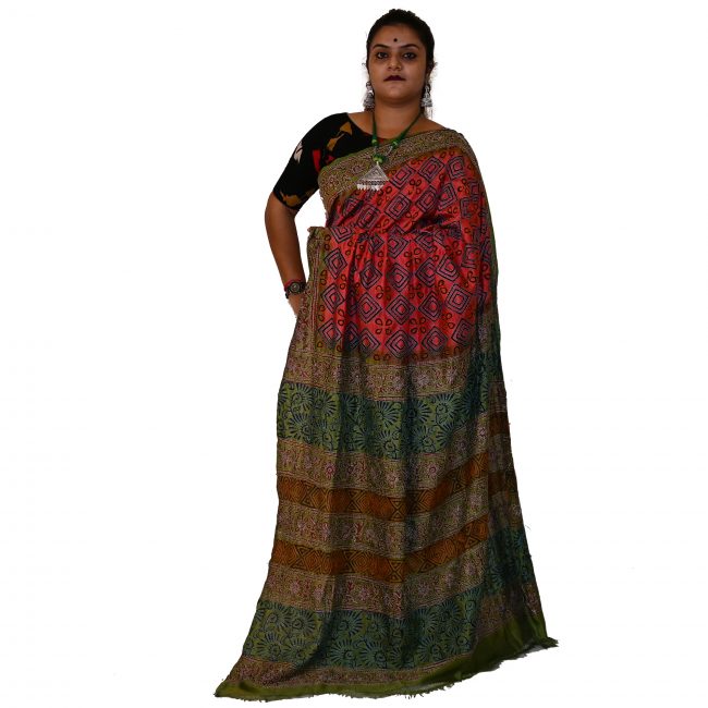 Handwoven Block Kantha Work Silk Saree