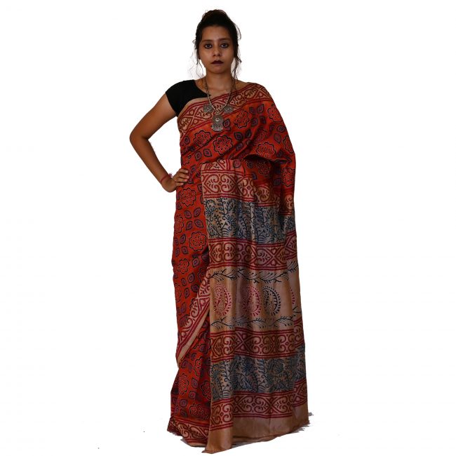 Handwoven Block Kantha Work Silk Saree
