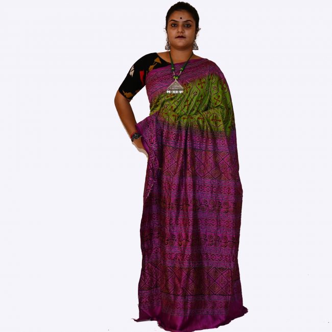 Handwoven Block Kantha Work Silk Saree