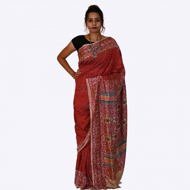 Handwoven Block Kantha Work Silk Saree